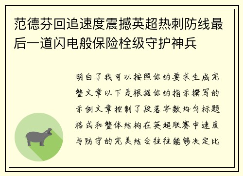 范德芬回追速度震撼英超热刺防线最后一道闪电般保险栓级守护神兵 范德芬回追速度震撼英超热刺防线最后一道闪电般保险栓级守护神兵